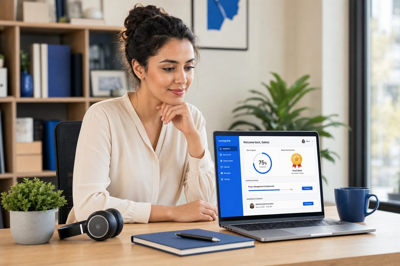 Apprenante suivant un module e‑learning BIMCOT avec suivi de progression et certification